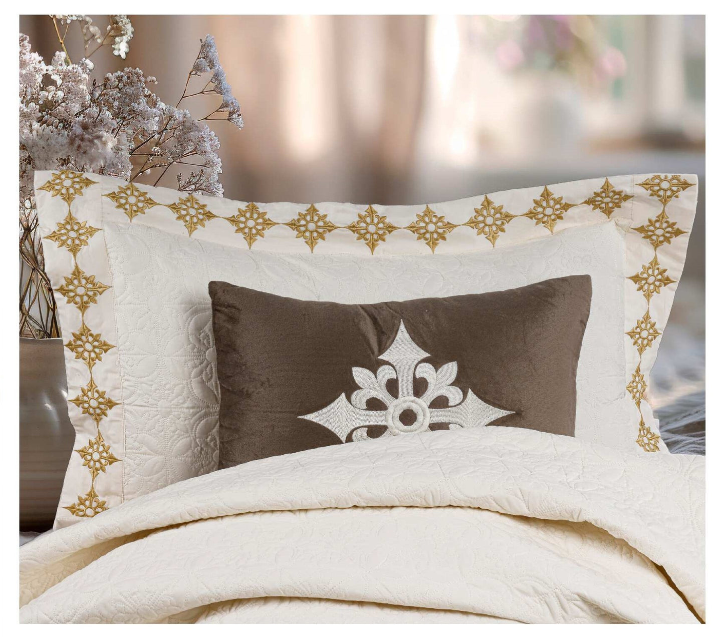 King Size Embroidered Quilted Bedcover Set – 5 Pc | Luxury Bedcover + Pillow Covers + Cushions with Filler