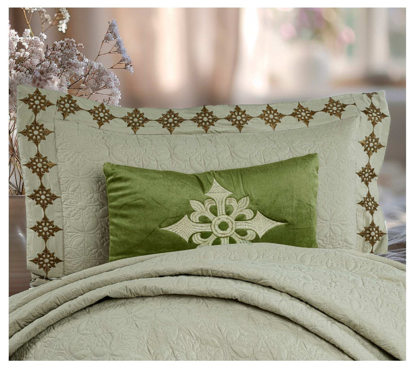 King Size Embroidered Quilted Bedcover Set – 5 Pc | Luxury Bedcover + Pillow Covers + Cushions with Filler