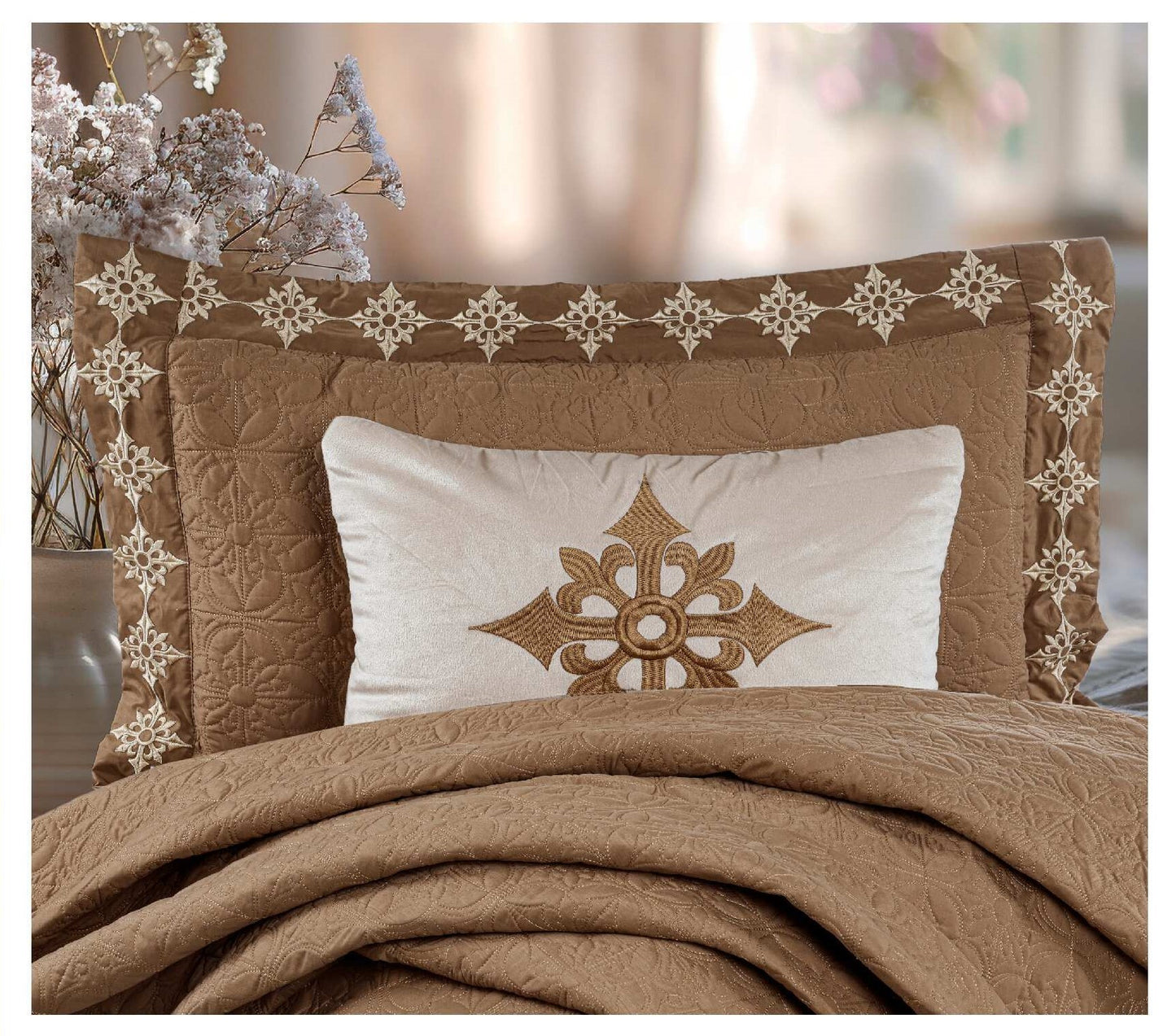 King Size Embroidered Quilted Bedcover Set – 5 Pc | Luxury Bedcover + Pillow Covers + Cushions with Filler
