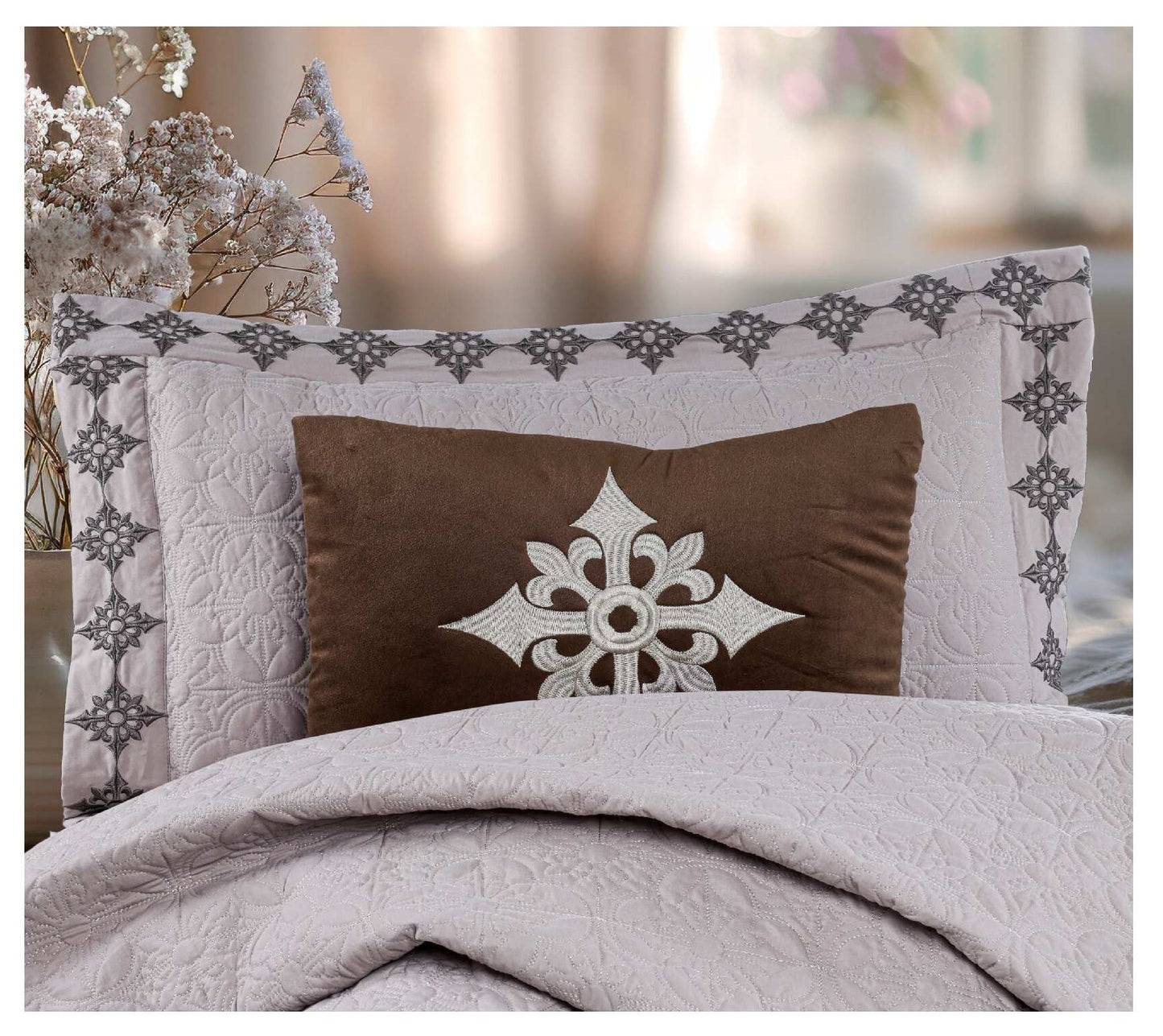 King Size Embroidered Quilted Bedcover Set – 5 Pc | Luxury Bedcover + Pillow Covers + Cushions with Filler