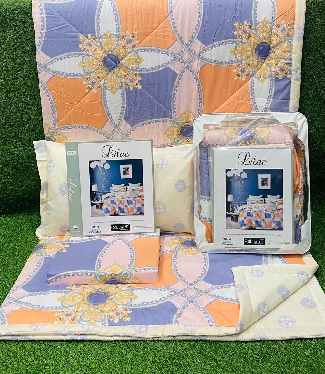 Lilac Organic Cotton Bed-In-A-Bag 4-Piece Set (1 Bedsheet + 2 Pillow Covers + 1 Reversible A/C Quilt)