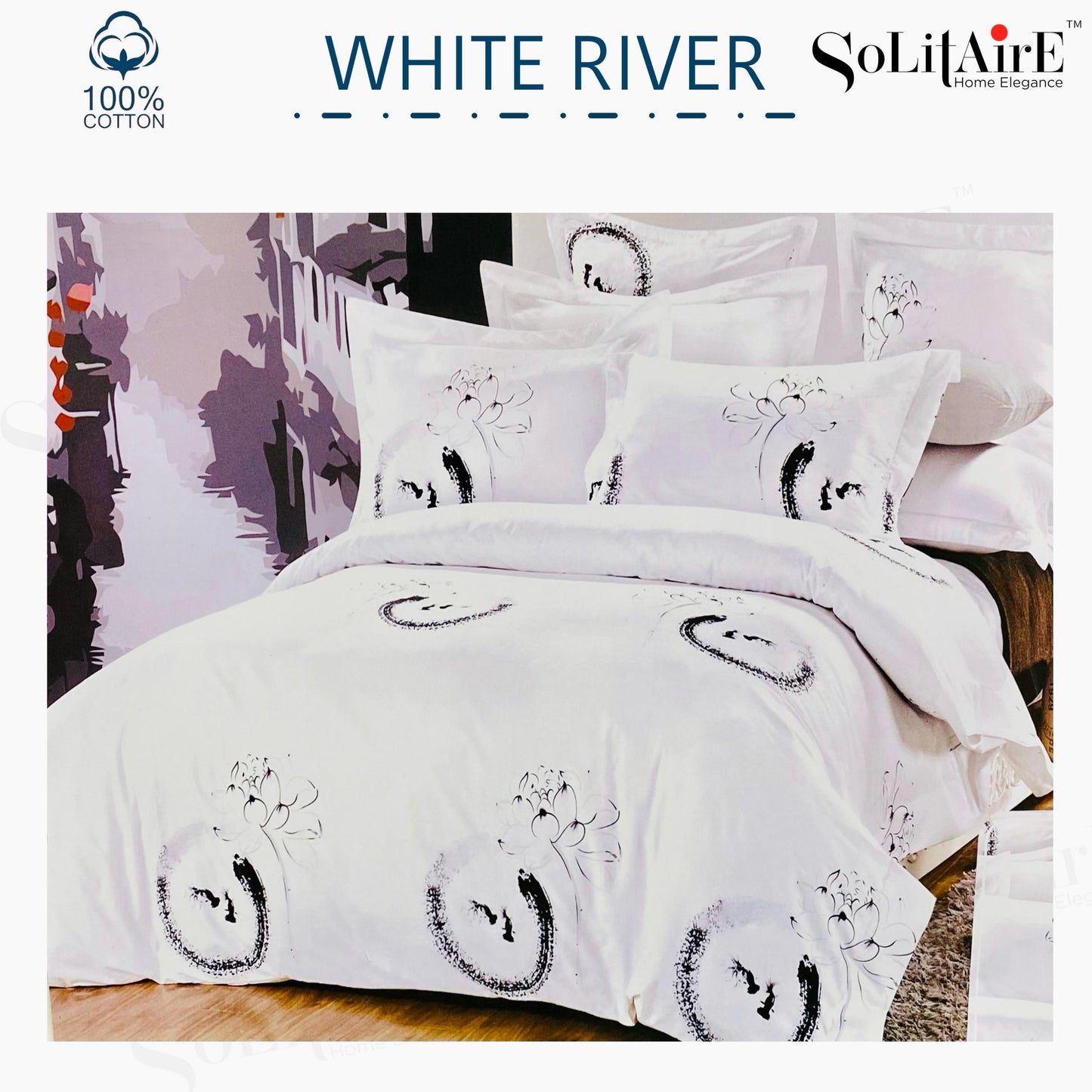 ✨ Solitaire White River King Size Bedsheet Set – 100% Organic Cotton | Jointless | 3 Pc (1 Bedsheet + 2 Pillow Covers)