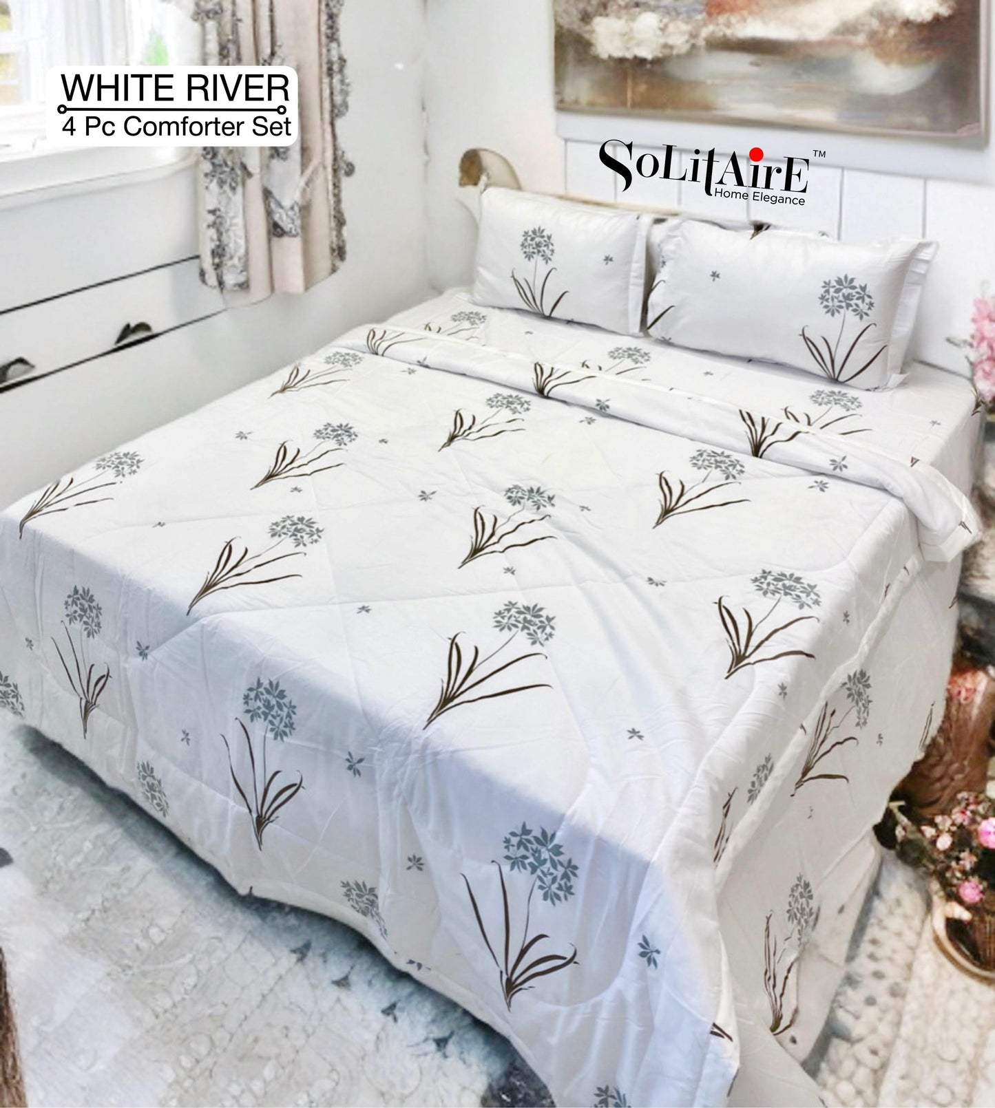 ✨ Solitaire White River King Size Comforter Set – 4 Pc | 100% Cotton | Reversible AC Quilt + Bedsheet + Pillow Covers