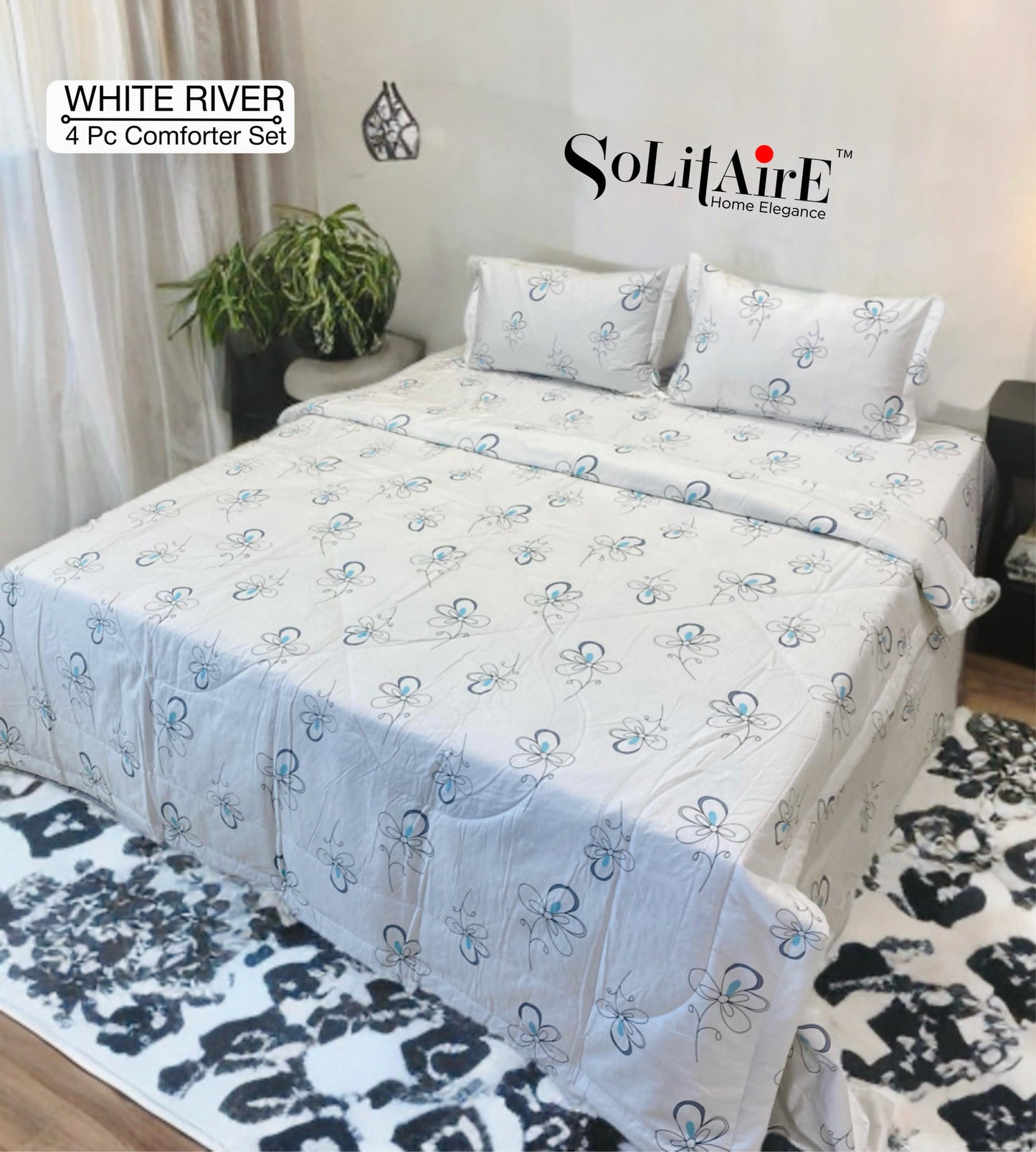 ✨ Solitaire White River King Size Comforter Set – 4 Pc | 100% Cotton | Reversible AC Quilt + Bedsheet + Pillow Covers