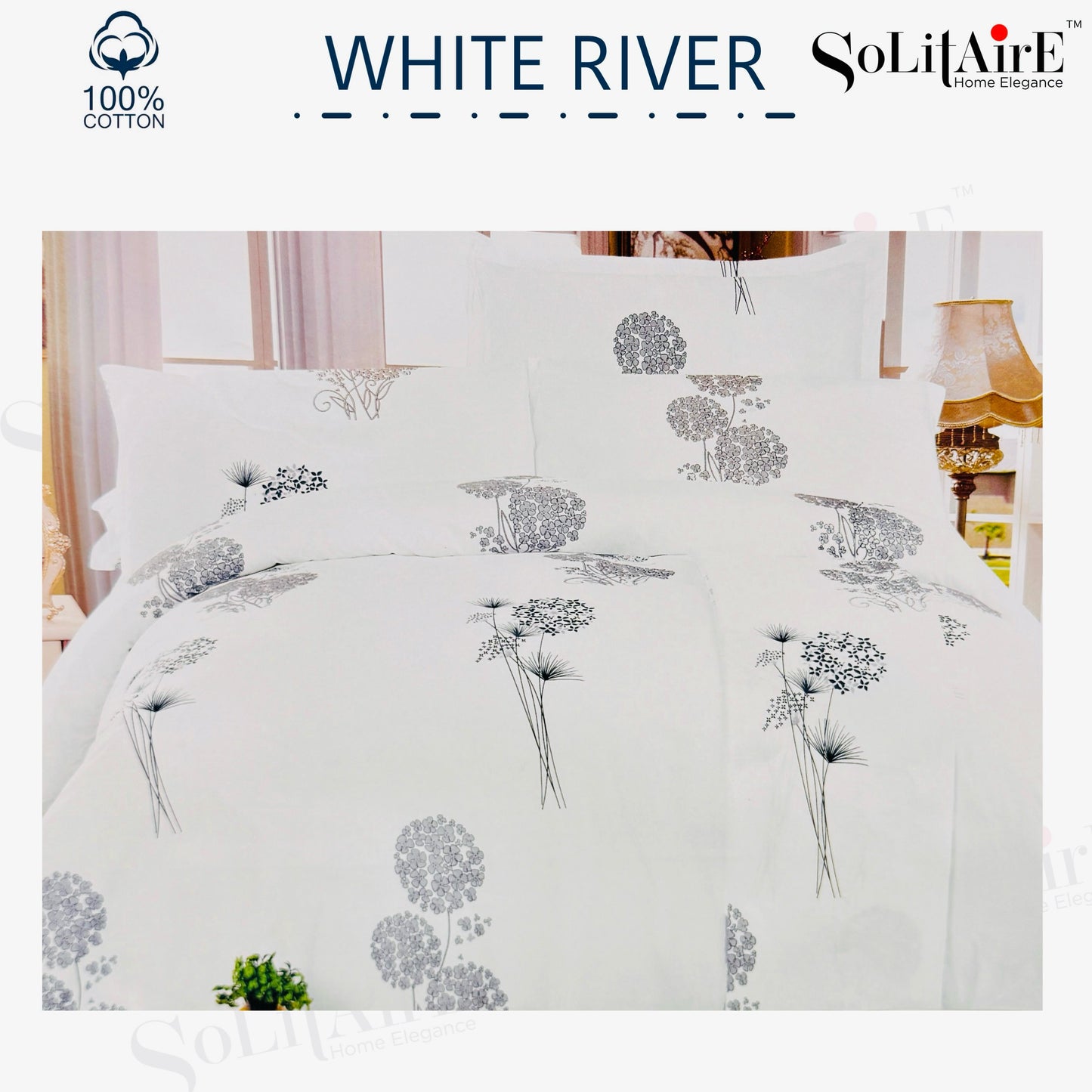 ✨ Solitaire White River King Size Bedsheet Set – 100% Organic Cotton | Jointless | 3 Pc (1 Bedsheet + 2 Pillow Covers)