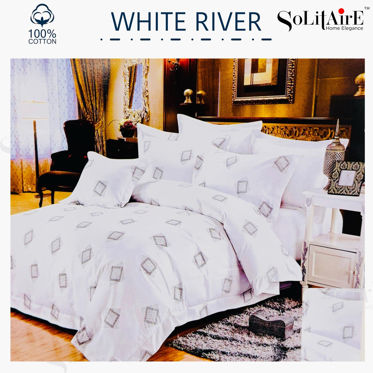 ✨ Solitaire White River King Size Bedsheet Set – 100% Organic Cotton | Jointless | 3 Pc (1 Bedsheet + 2 Pillow Covers)