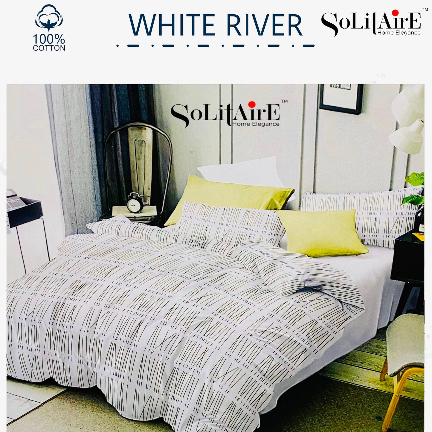 ✨ Solitaire White River King Size Bedsheet Set – 100% Organic Cotton | Jointless | 3 Pc (1 Bedsheet + 2 Pillow Covers)