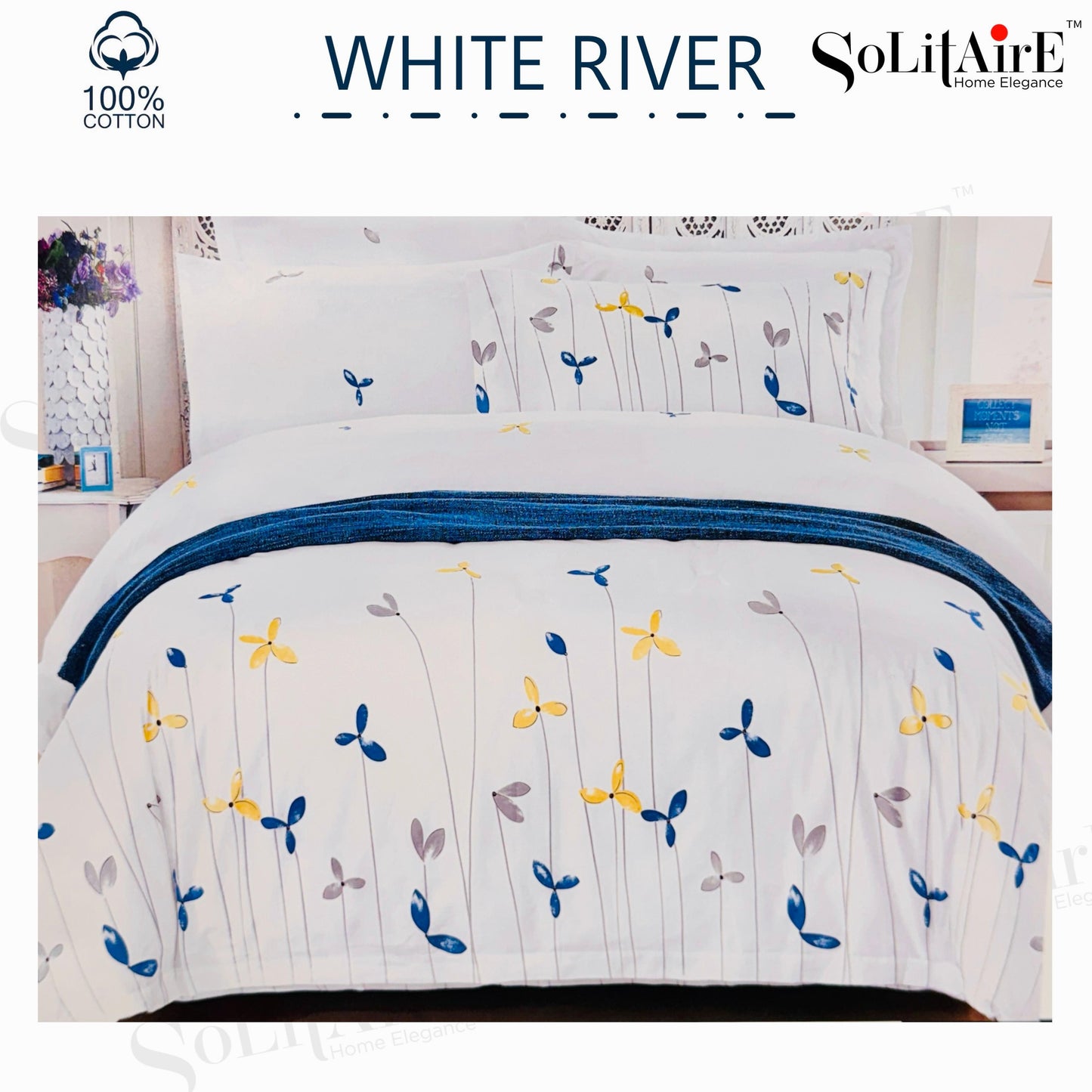 ✨ Solitaire White River King Size Bedsheet Set – 100% Organic Cotton | Jointless | 3 Pc (1 Bedsheet + 2 Pillow Covers)