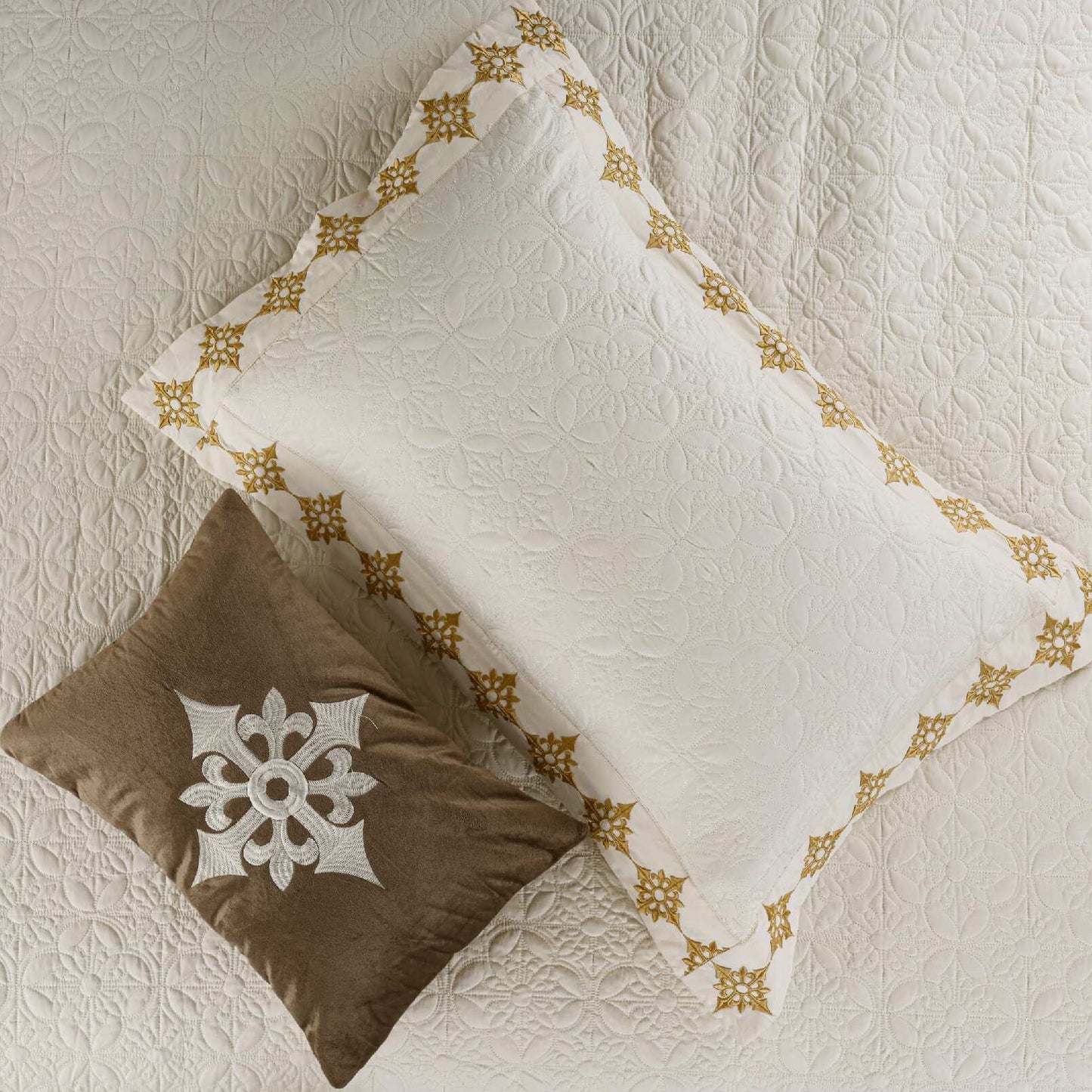 King Size Embroidered Quilted Bedcover Set – 5 Pc | Luxury Bedcover + Pillow Covers + Cushions with Filler