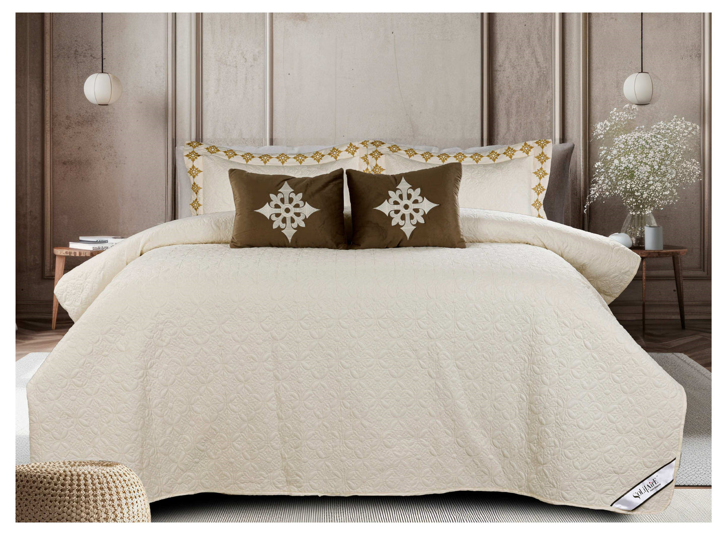 King Size Embroidered Quilted Bedcover Set – 5 Pc | Luxury Bedcover + Pillow Covers + Cushions with Filler