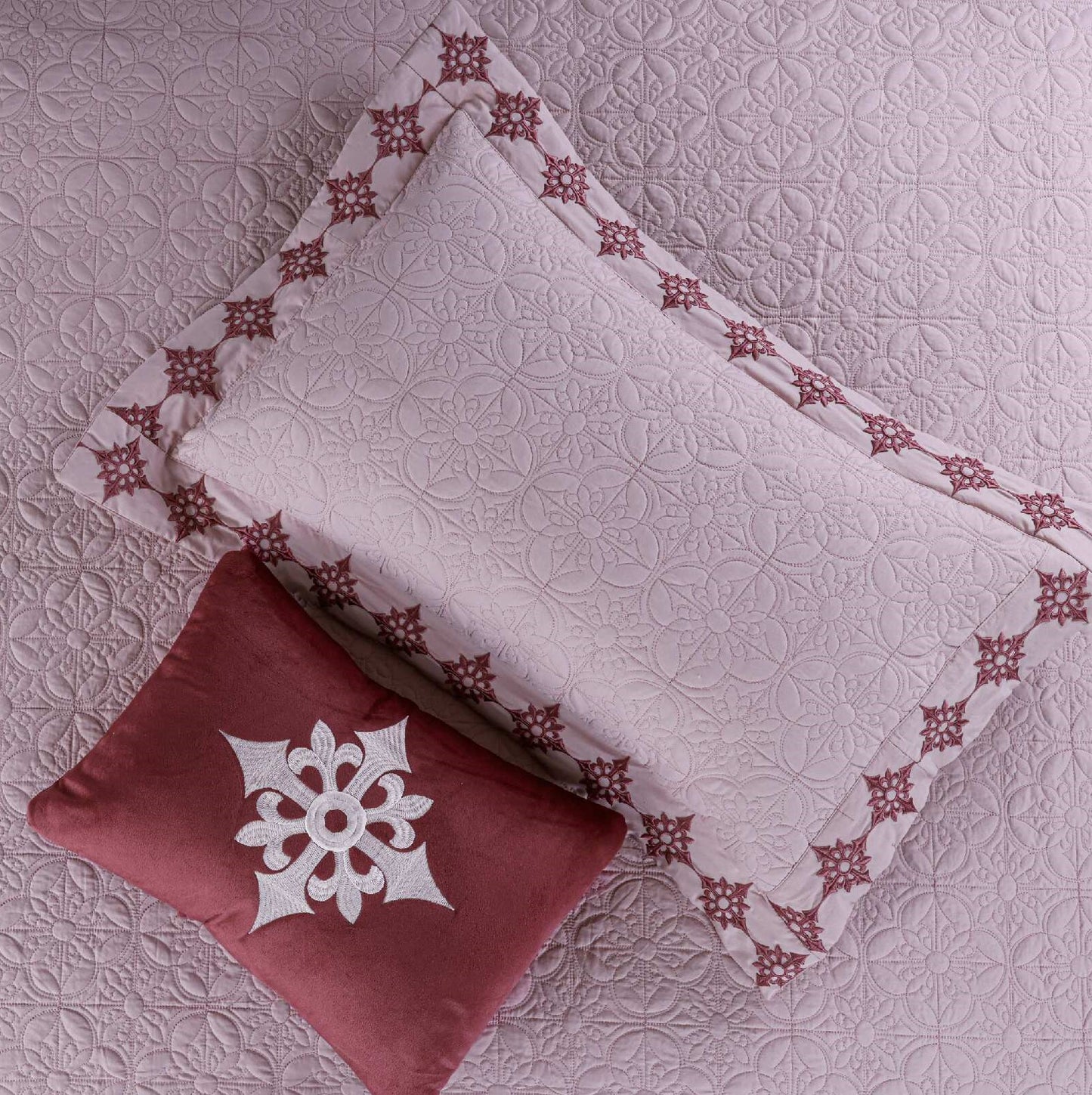 King Size Embroidered Quilted Bedcover Set – 5 Pc | Luxury Bedcover + Pillow Covers + Cushions with Filler