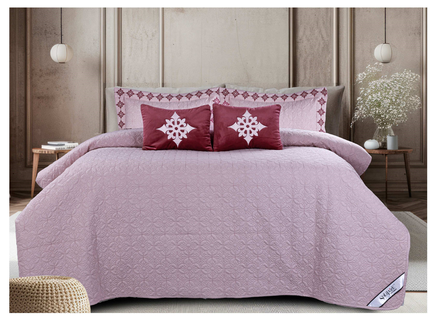 King Size Embroidered Quilted Bedcover Set – 5 Pc | Luxury Bedcover + Pillow Covers + Cushions with Filler
