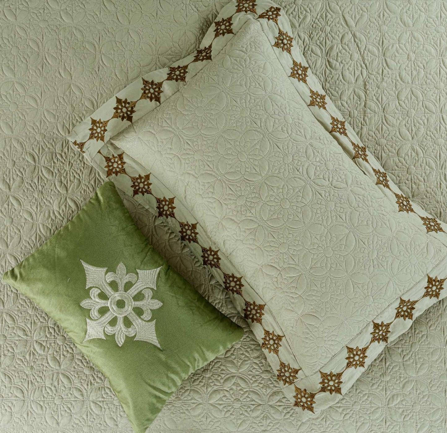 King Size Embroidered Quilted Bedcover Set – 5 Pc | Luxury Bedcover + Pillow Covers + Cushions with Filler
