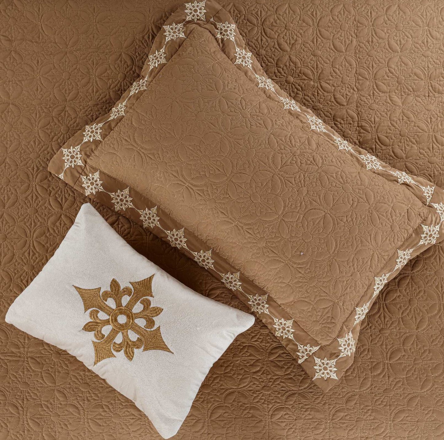 King Size Embroidered Quilted Bedcover Set – 5 Pc | Luxury Bedcover + Pillow Covers + Cushions with Filler