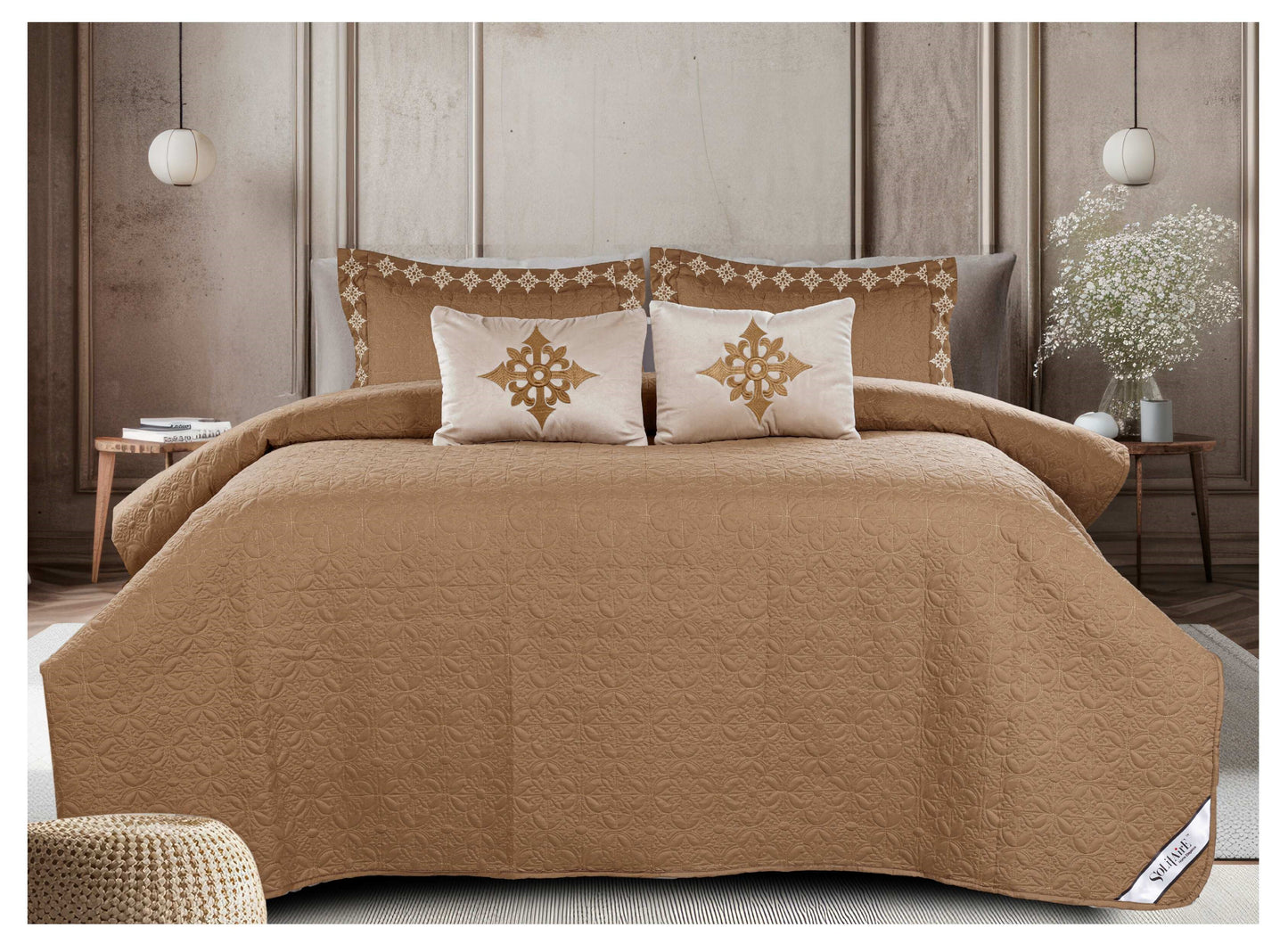 King Size Embroidered Quilted Bedcover Set – 5 Pc | Luxury Bedcover + Pillow Covers + Cushions with Filler