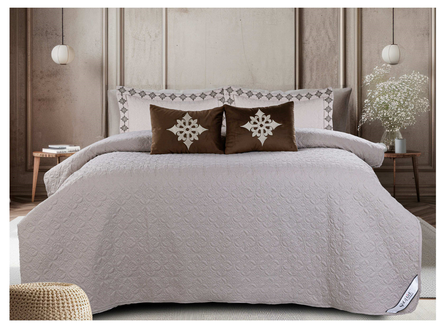 King Size Embroidered Quilted Bedcover Set – 5 Pc | Luxury Bedcover + Pillow Covers + Cushions with Filler
