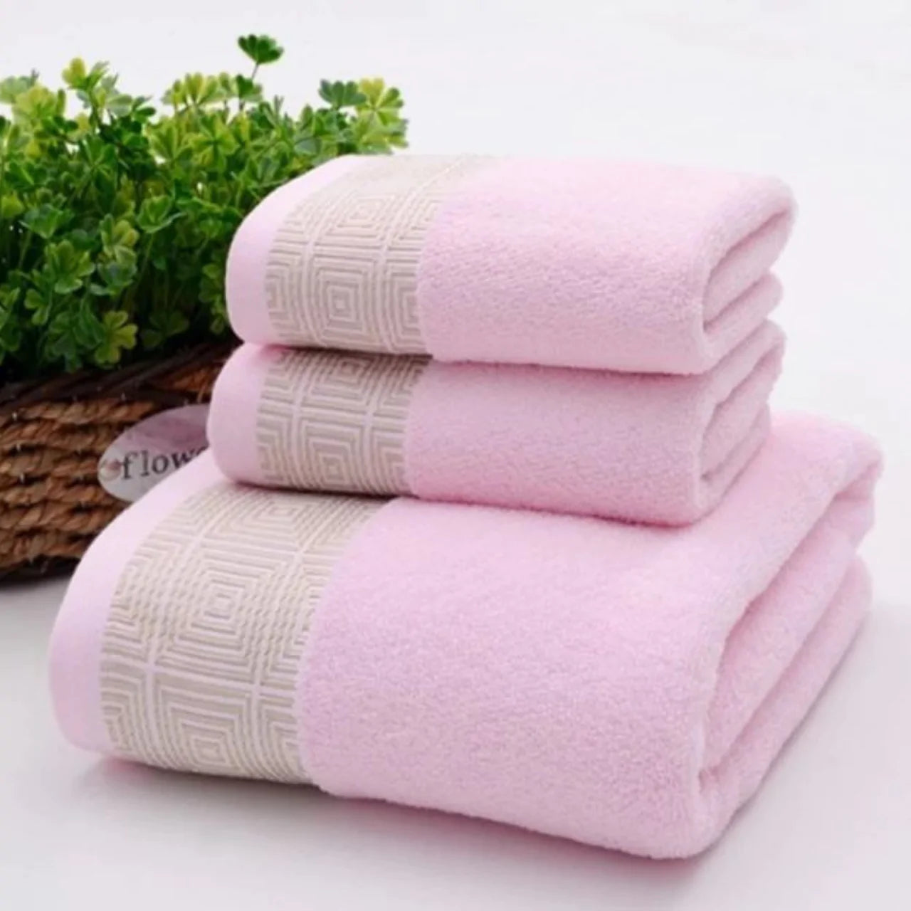 EMBROIDERY BORDER COTTON TOWELS (Pink)