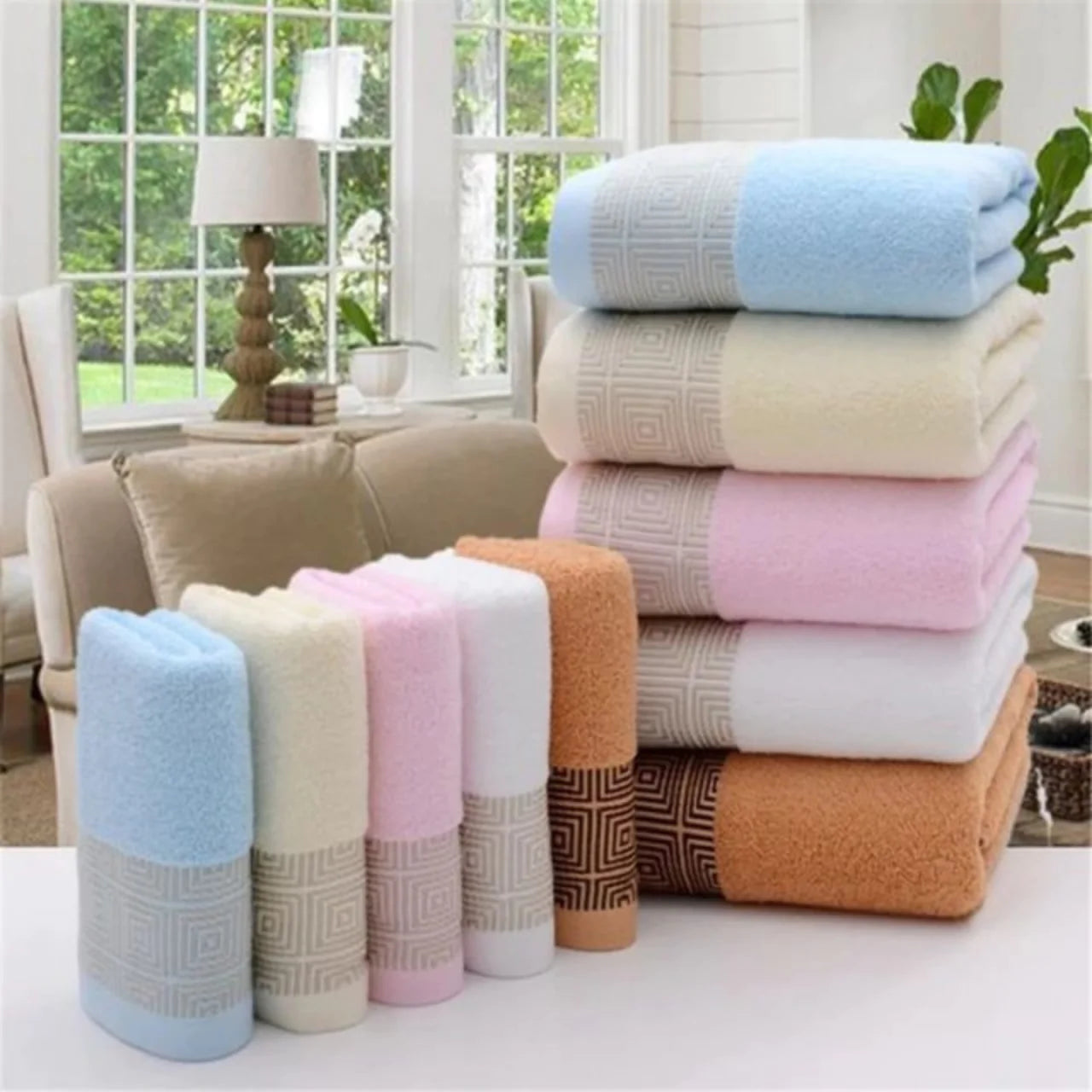 EMBROIDERY BORDER COTTON TOWELS (Pink)