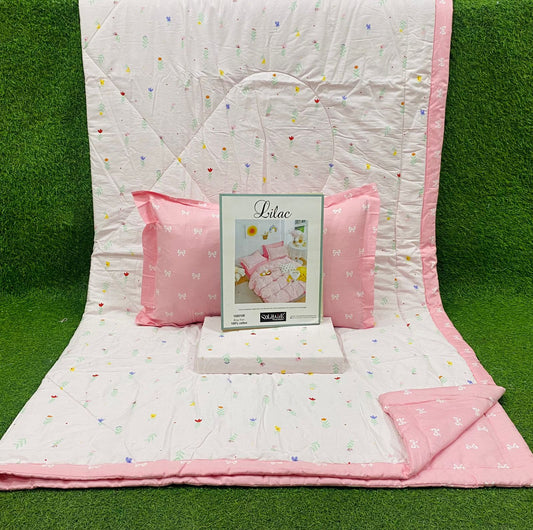 Lilac Organic Cotton Bed-In-A-Bag 4-Piece Set (1 Bedsheet + 2 Pillow Covers + 1 Reversible A/C Quilt)