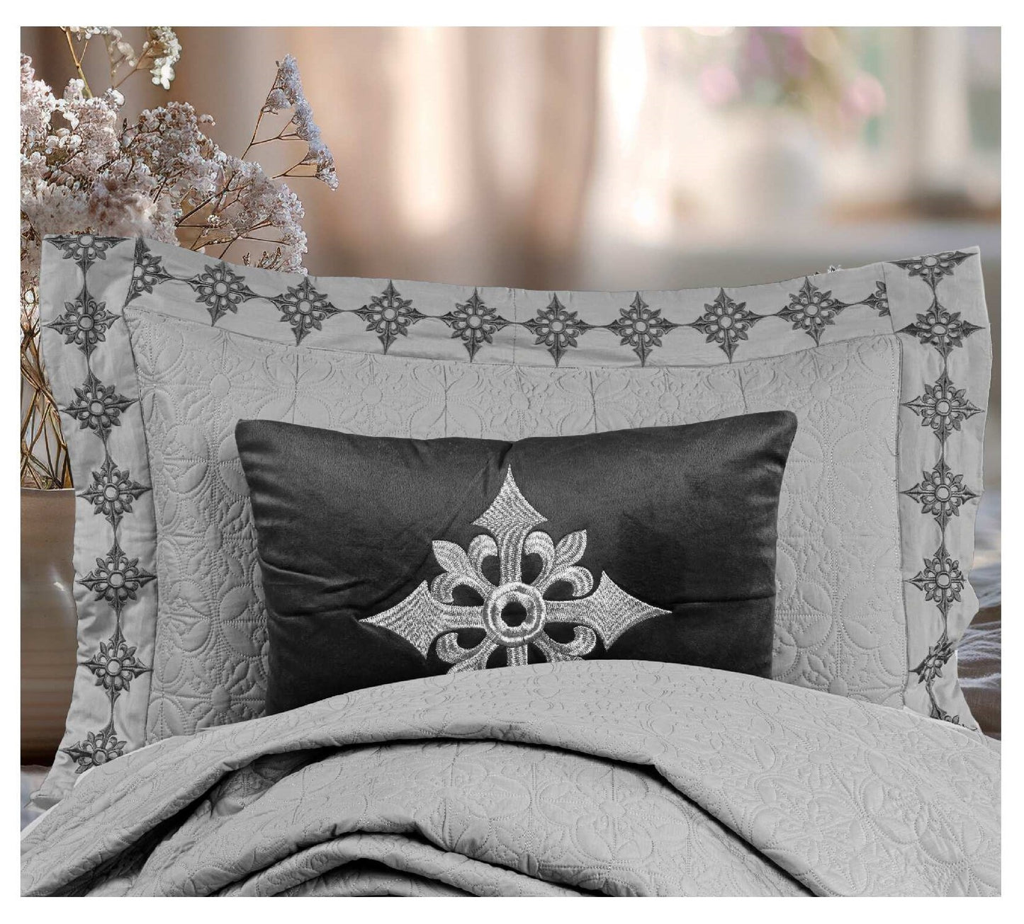 King Size Embroidered Quilted Bedcover Set – 5 Pc | Luxury Bedcover + Pillow Covers + Cushions with Filler