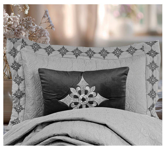 King Size Embroidered Quilted Bedcover Set – 5 Pc | Luxury Bedcover + Pillow Covers + Cushions with Filler
