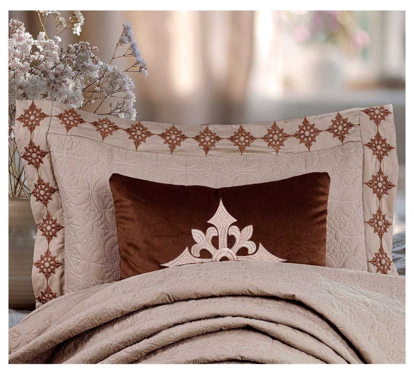 King Size Embroidered Quilted Bedcover Set – 5 Pc | Luxury Bedcover + Pillow Covers + Cushions with Filler