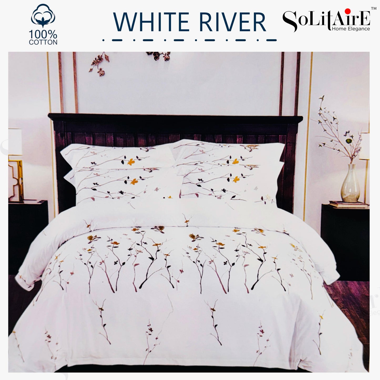 ✨ Solitaire White River King Size Bedsheet Set – 100% Organic Cotton | Jointless | 3 Pc (1 Bedsheet + 2 Pillow Covers)