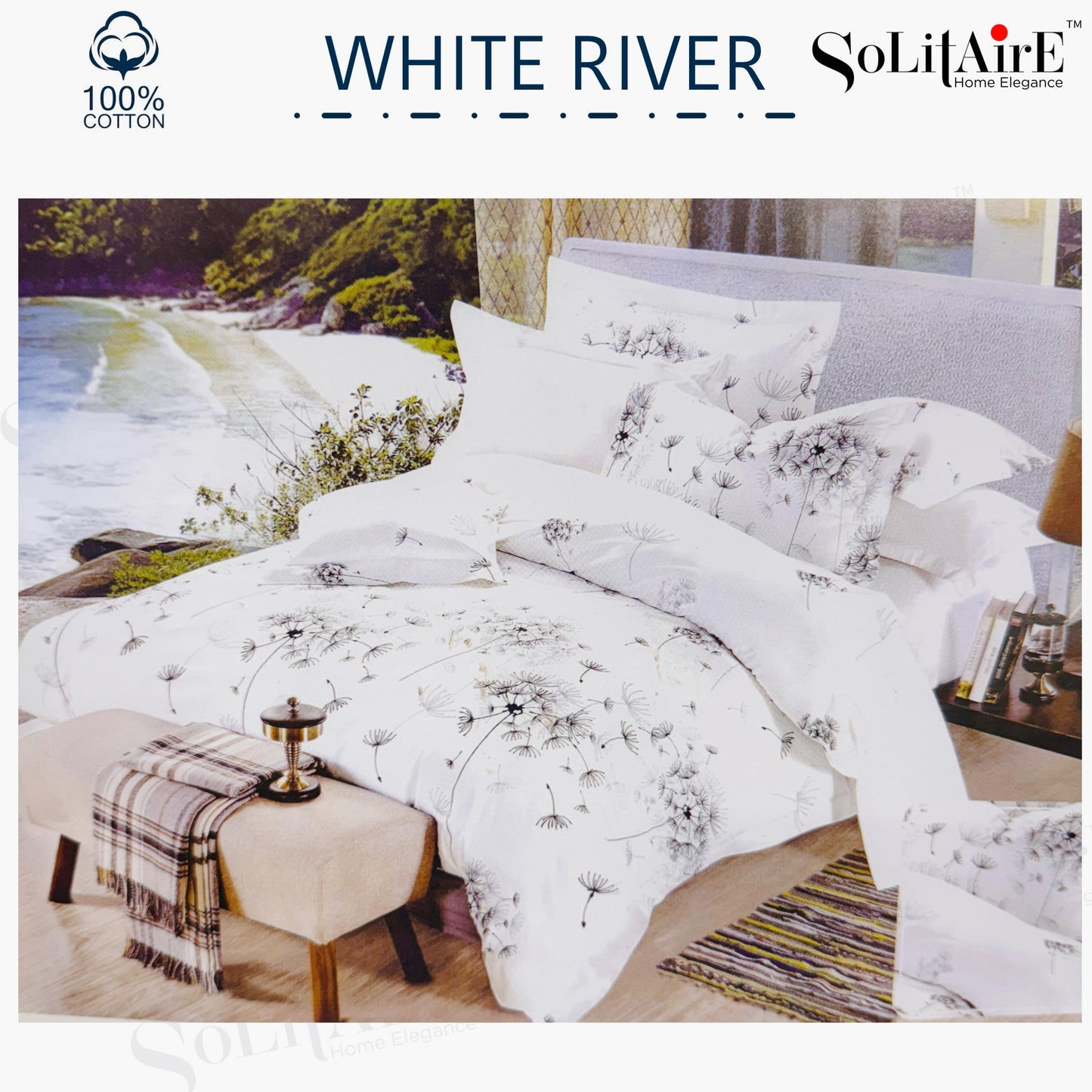 ✨ Solitaire White River King Size Bedsheet Set – 100% Organic Cotton | Jointless | 3 Pc (1 Bedsheet + 2 Pillow Covers)