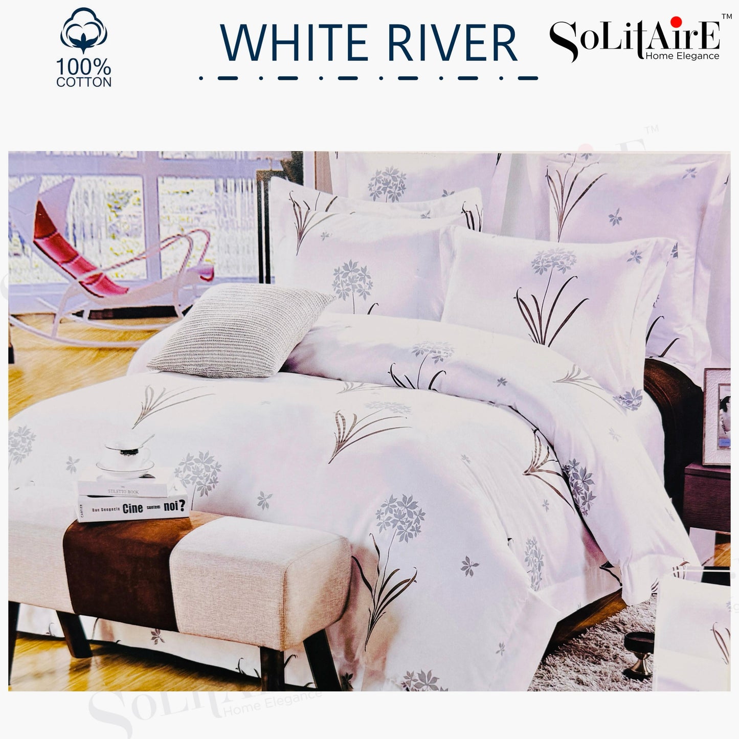 ✨ Solitaire White River King Size Comforter Set – 4 Pc | 100% Cotton | Reversible AC Quilt + Bedsheet + Pillow Covers