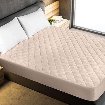 Waterproof Quilted Mattress Protector King Size with Elastic all around (Beige)