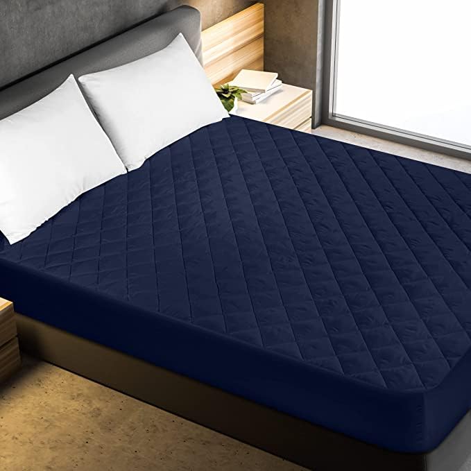 Waterproof Quilted Mattress Protector King Size with Elastic all around (Dark Blue)