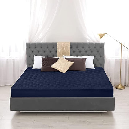 Waterproof Quilted Mattress Protector King Size with Elastic all around (Dark Blue)
