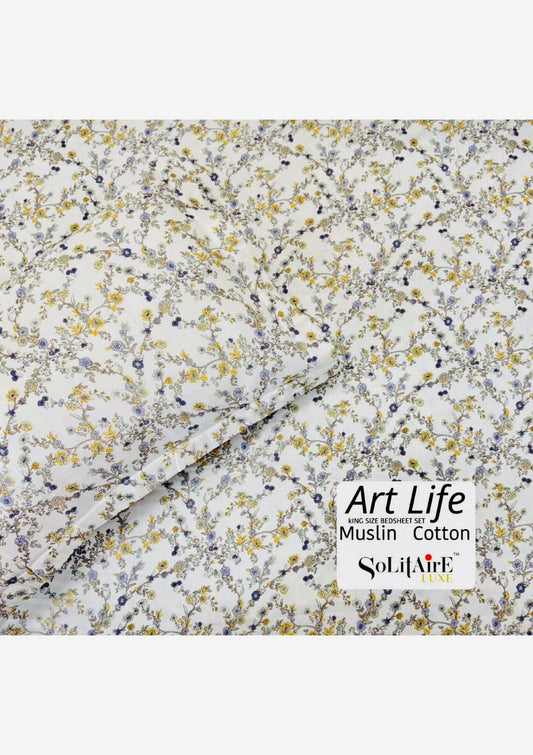 🌿 Art-Life 100% Organic Muslin Cotton King Size Bedsheet Set