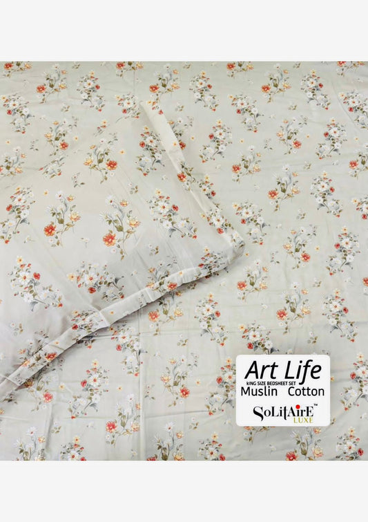 🌿 Art-Life 100% Organic Muslin Cotton King Size Bedsheet Set