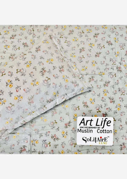 🌿 Art-Life 100% Organic Muslin Cotton King Size Bedsheet Set