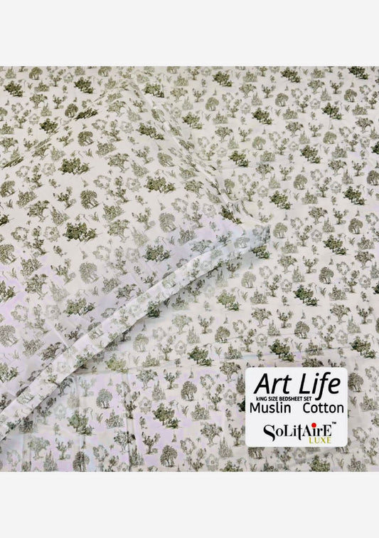 🌿 Art-Life 100% Organic Muslin Cotton King Size Bedsheet Set