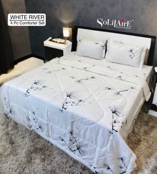 ✨ Solitaire White River King Size Comforter Set – 4 Pc | 100% Cotton | Reversible AC Quilt + Bedsheet + Pillow Covers