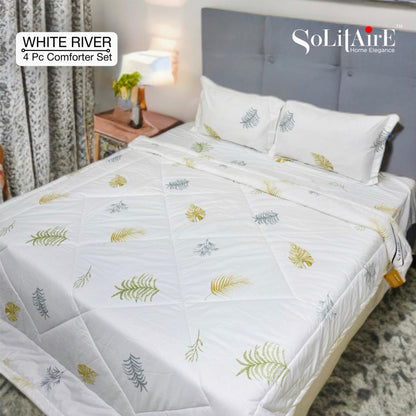 ✨ Solitaire White River King Size Comforter Set – 4 Pc | 100% Cotton | Reversible AC Quilt + Bedsheet + Pillow Covers