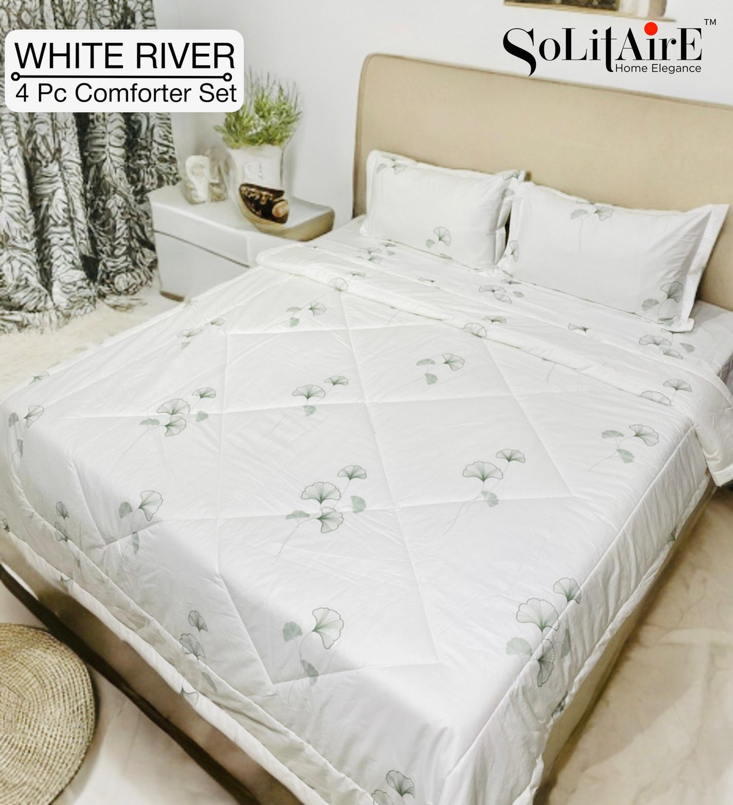 ✨ Solitaire White River King Size Comforter Set – 4 Pc | 100% Cotton | Reversible AC Quilt + Bedsheet + Pillow Covers