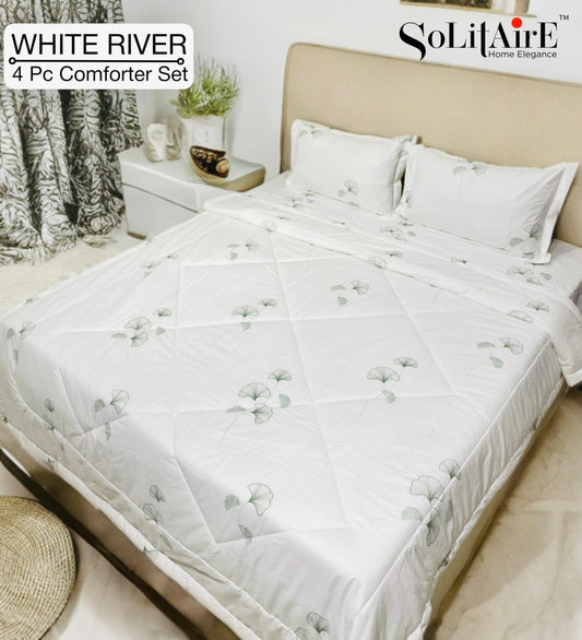 ✨ Solitaire White River King Size Comforter Set – 4 Pc | 100% Cotton | Reversible AC Quilt + Bedsheet + Pillow Covers