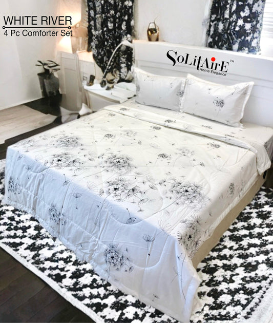 ✨ Solitaire White River King Size Comforter Set – 4 Pc | 100% Cotton | Reversible AC Quilt + Bedsheet + Pillow Covers
