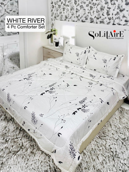 ✨ Solitaire White River King Size Comforter Set – 4 Pc | 100% Cotton | Reversible AC Quilt + Bedsheet + Pillow Covers