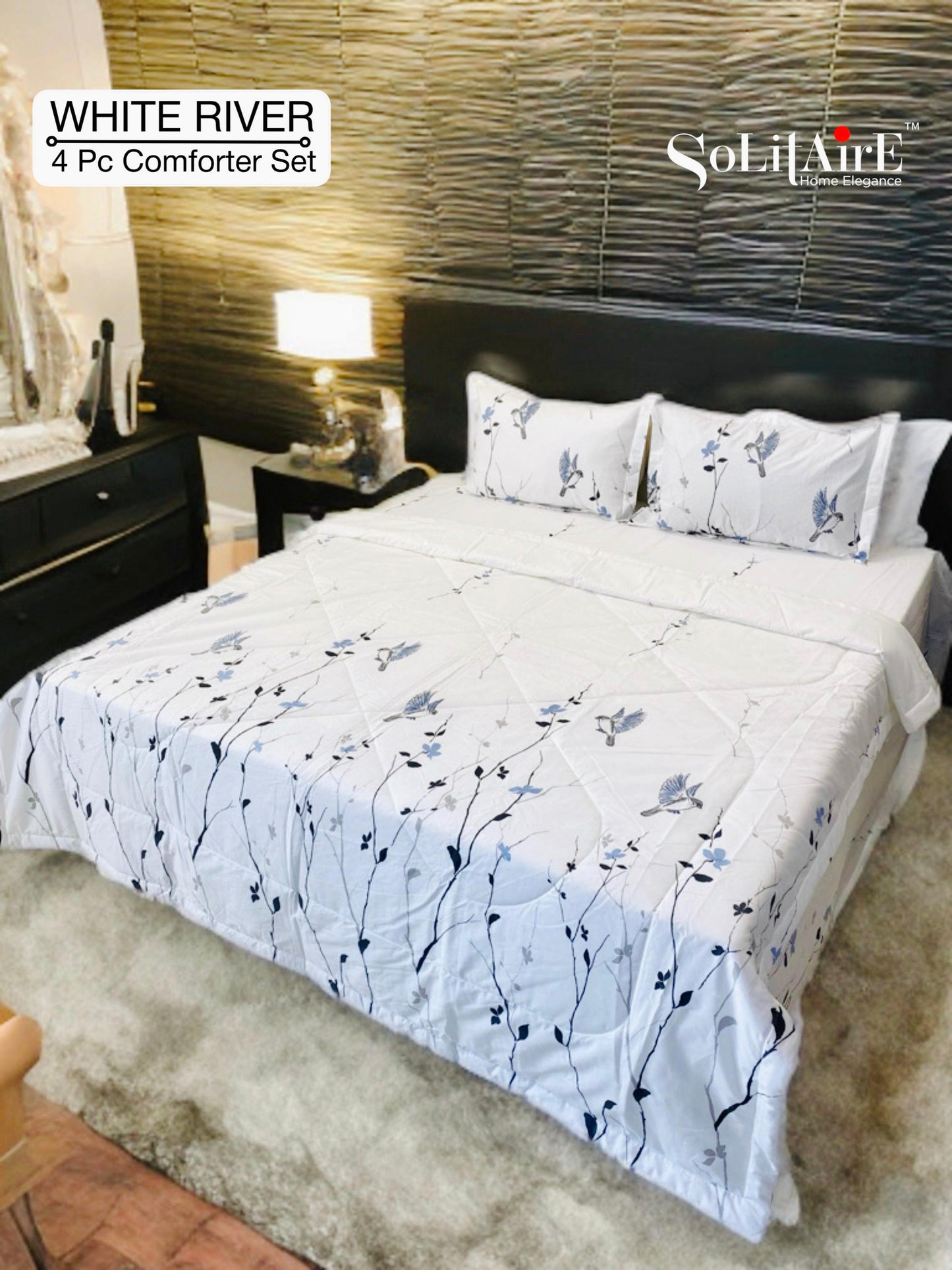 ✨ Solitaire White River King Size Comforter Set – 4 Pc | 100% Cotton | Reversible AC Quilt + Bedsheet + Pillow Covers