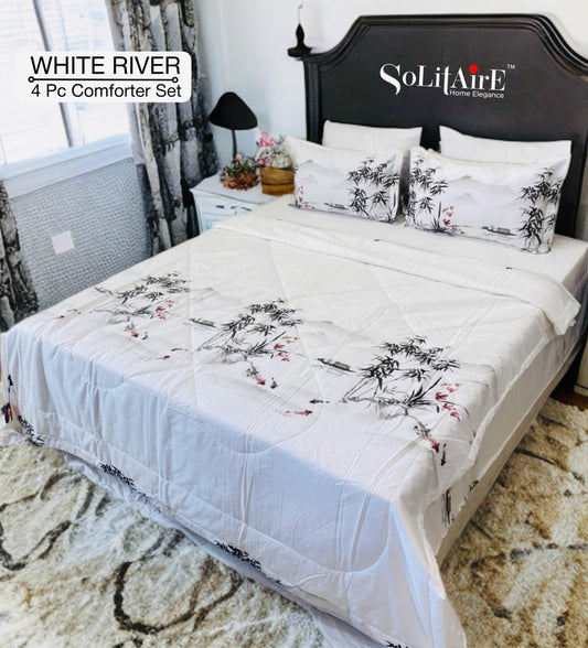 ✨ Solitaire White River King Size Comforter Set – 4 Pc | 100% Cotton | Reversible AC Quilt + Bedsheet + Pillow Covers