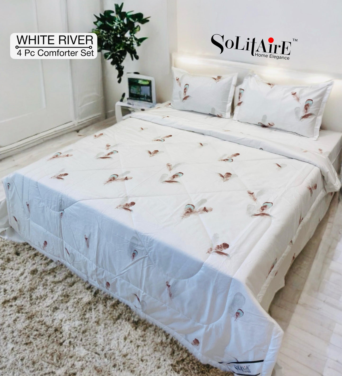 ✨ Solitaire White River King Size Comforter Set – 4 Pc | 100% Cotton | Reversible AC Quilt + Bedsheet + Pillow Covers