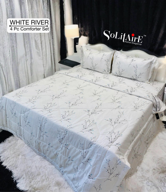 ✨ Solitaire White River King Size Comforter Set – 4 Pc | 100% Cotton | Reversible AC Quilt + Bedsheet + Pillow Covers