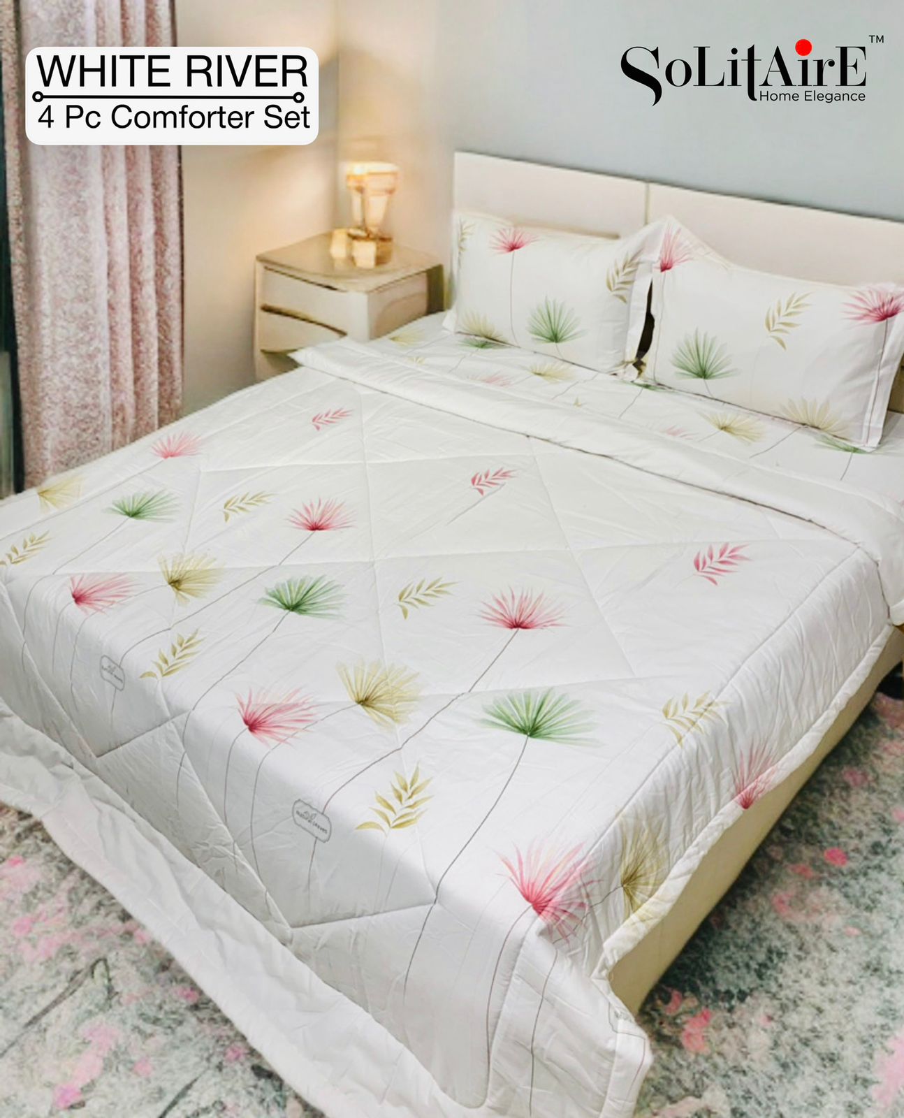 ✨ Solitaire White River King Size Comforter Set – 4 Pc | 100% Cotton | Reversible AC Quilt + Bedsheet + Pillow Covers