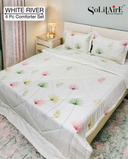 ✨ Solitaire White River King Size Comforter Set – 4 Pc | 100% Cotton | Reversible AC Quilt + Bedsheet + Pillow Covers