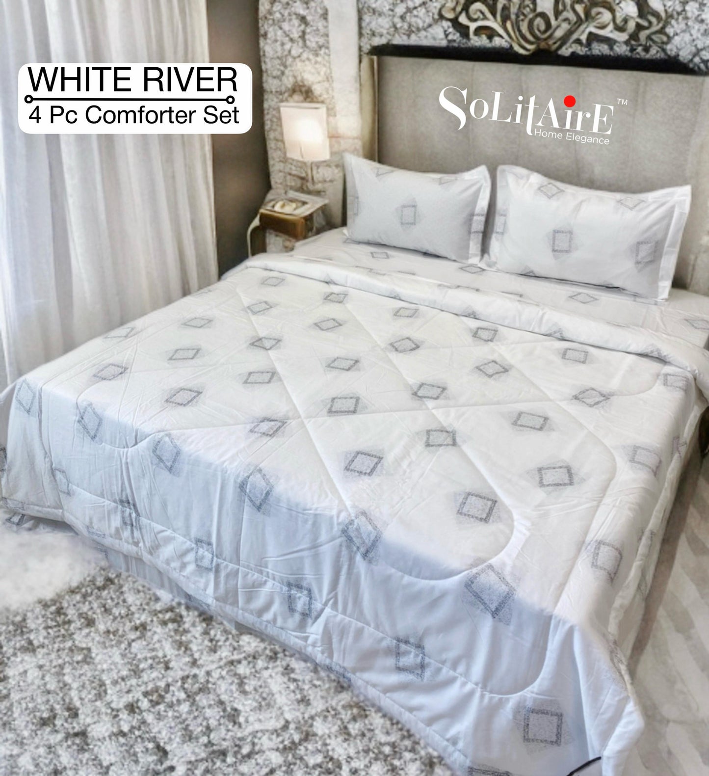 ✨ Solitaire White River King Size Comforter Set – 4 Pc | 100% Cotton | Reversible AC Quilt + Bedsheet + Pillow Covers