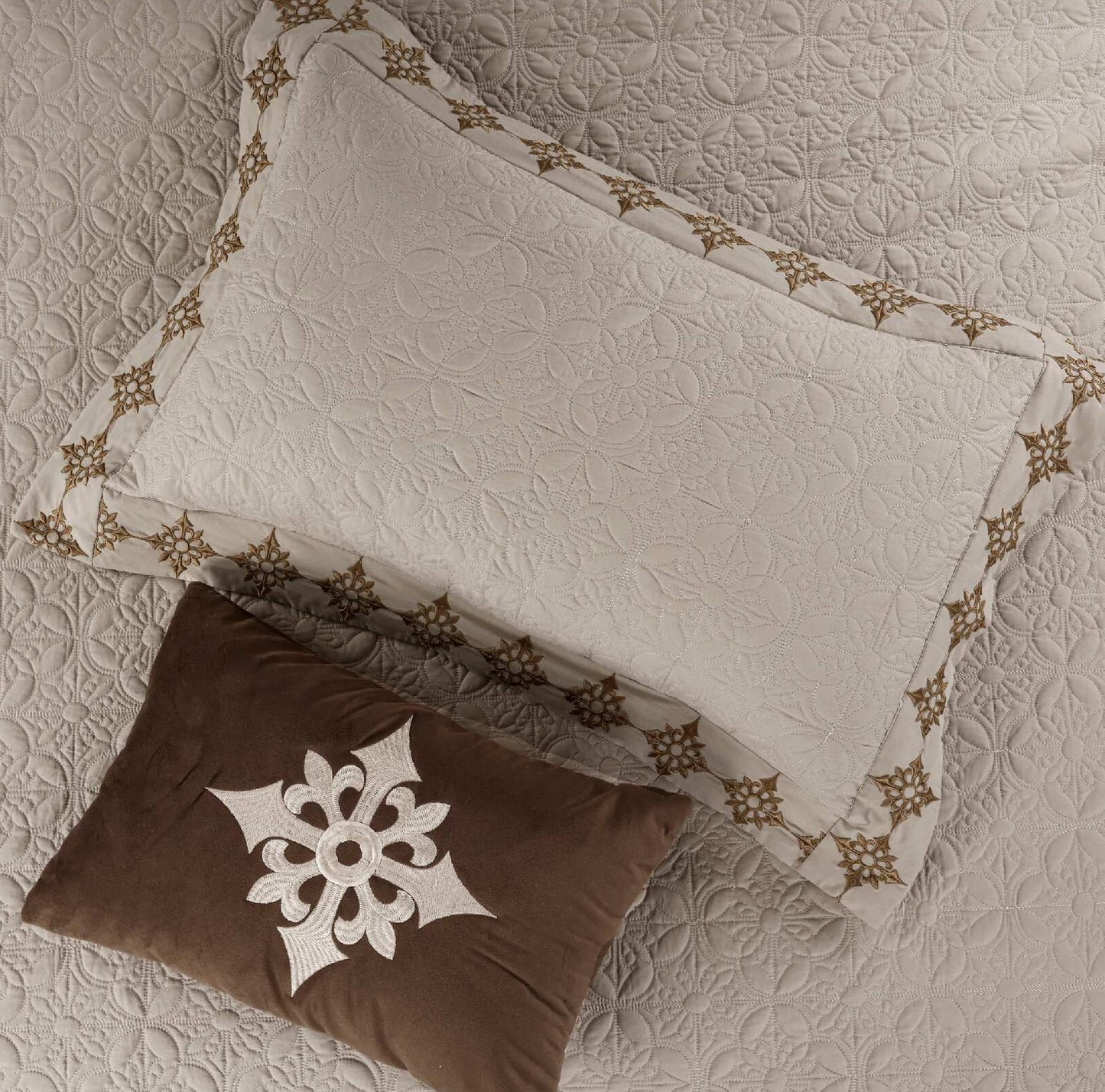 King Size Embroidered Quilted Bedcover Set – 5 Pc | Luxury Bedcover + Pillow Covers + Cushions with Filler